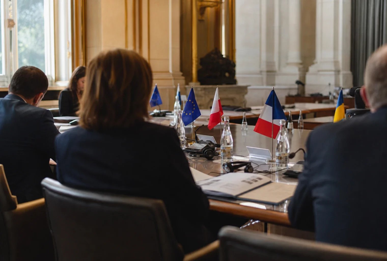 Table de négociation diplomatique avec dossiers, casques et mini-drapeaux européens dans une salle lumineuse.