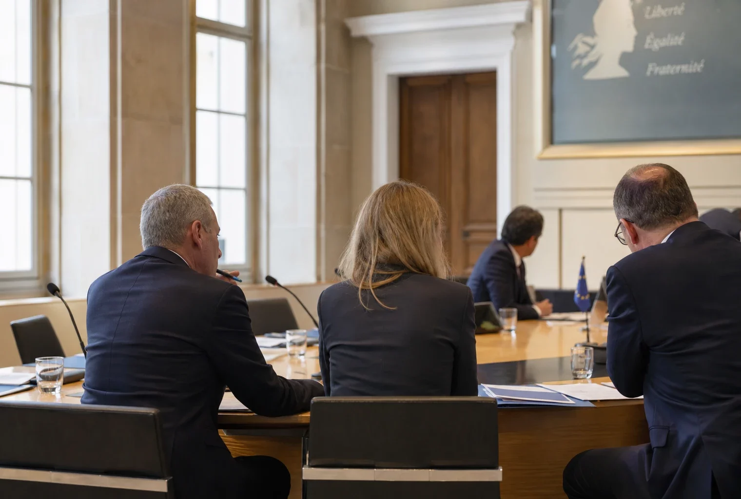 Réunion européenne sobre à Évian, avec silhouettes de dos, dossiers ouverts et drapeaux de table discrets.