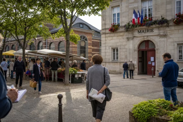Scène de mairie de ville moyenne en journée, avec passants anonymes et ambiance civique française