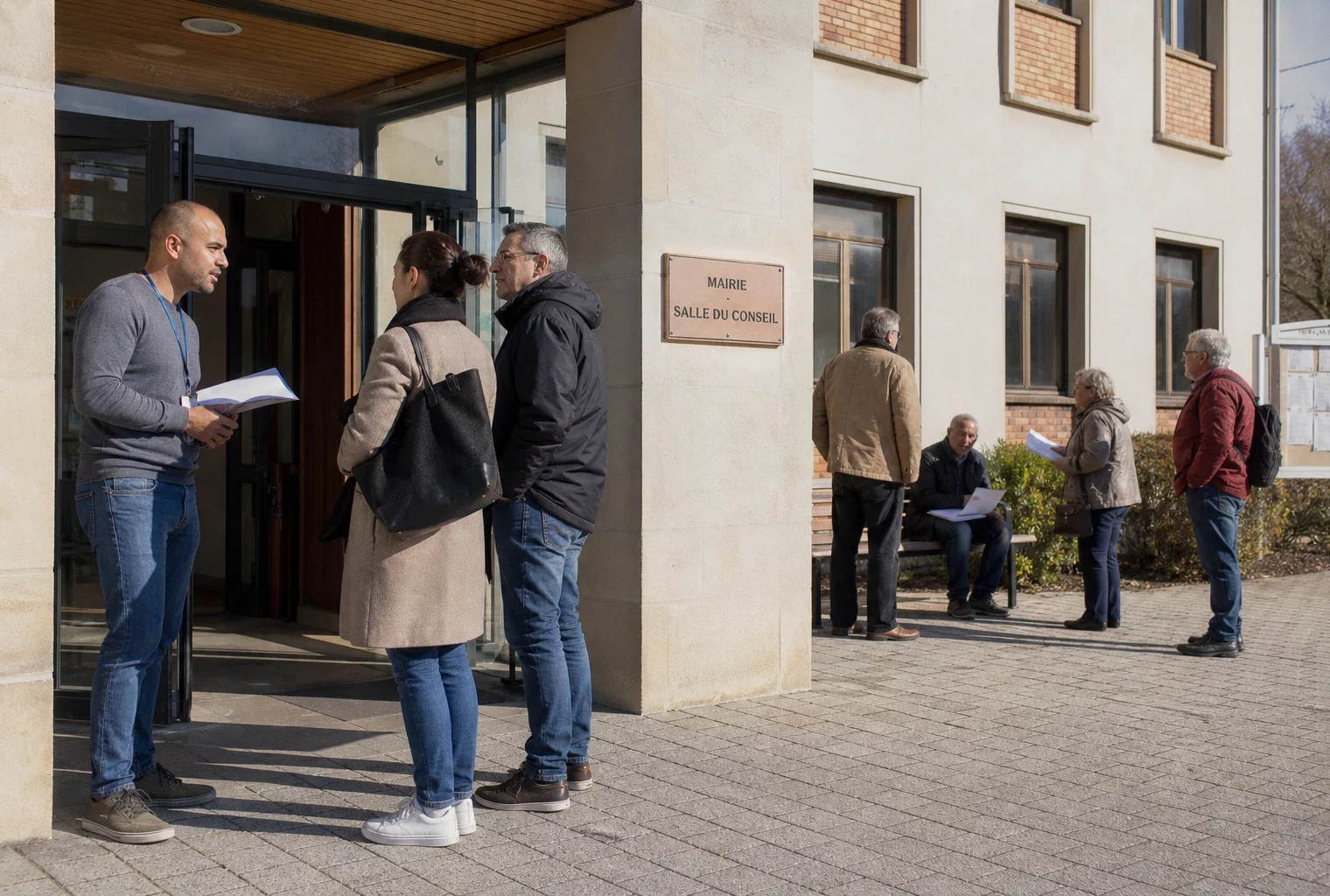 Des personnes anonymes discutent devant une mairie de proximité au sujet de la présidentielle et des parrainages.
