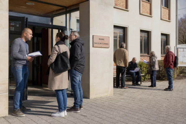 Des personnes anonymes discutent devant une mairie de proximité au sujet de la présidentielle et des parrainages.