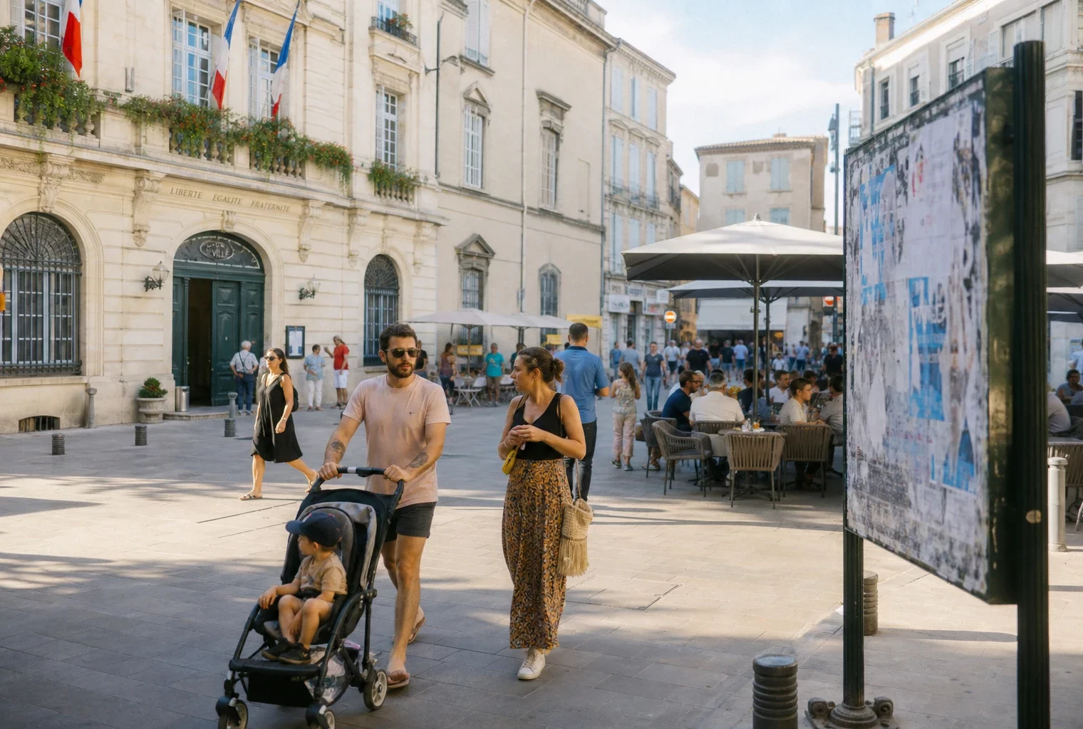 Place de commune française avec passants anonymes et bâtiment municipal, dans une ambiance politique locale calme.