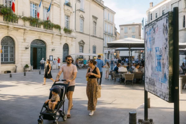 Place de commune française avec passants anonymes et bâtiment municipal, dans une ambiance politique locale calme.