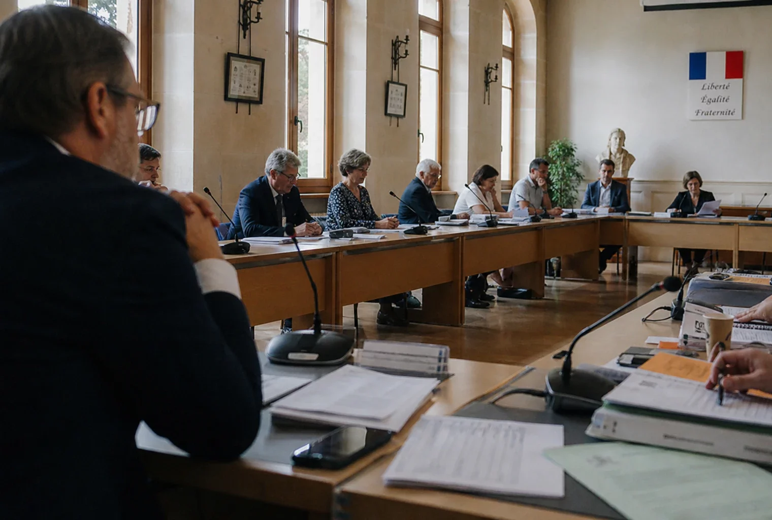 Salle municipale française avec chaise vide, micros et dossiers flous dans une ambiance politique calme.