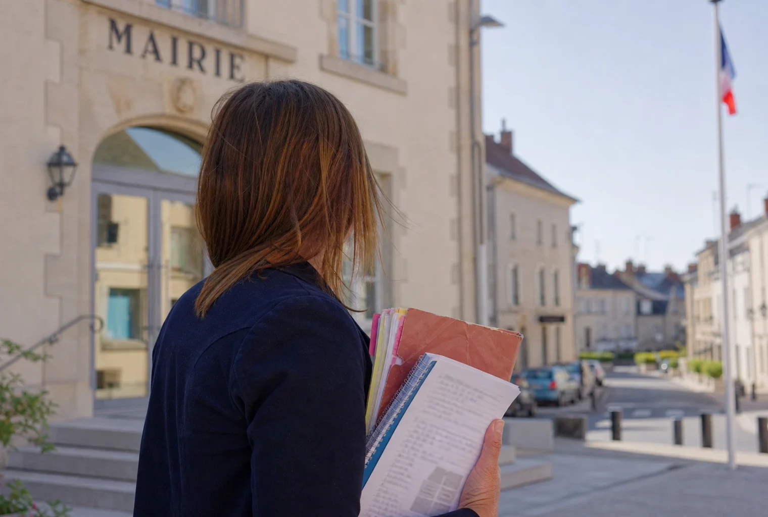 Collaborateur municipal anonyme devant une mairie française, dossier en main, sur fond de rue calme