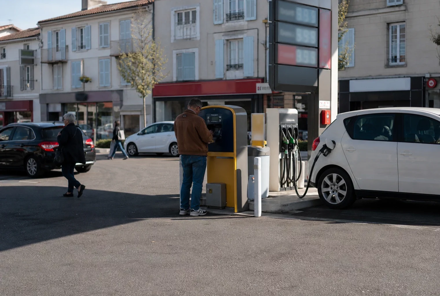 Station-service française de quartier, voitures en ravitaillement et ambiance calme sur fond de ville moyenne.