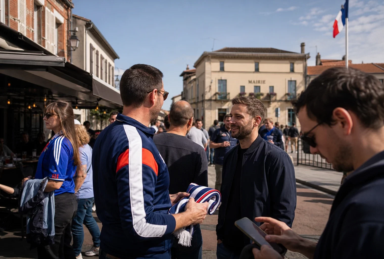 Des supporters de football discutent sur une place de village française devant une mairie, en lumière naturelle.