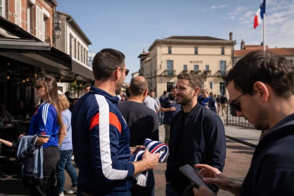 Des supporters de football discutent sur une place de village française devant une mairie, en lumière naturelle.