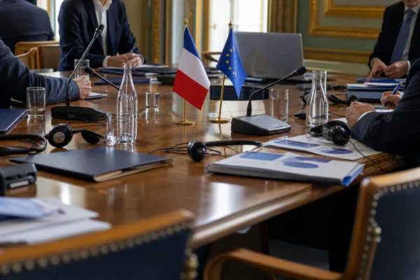 Table de négociation européenne avec dossiers, casques audio et petits drapeaux, en scène de presse réaliste.