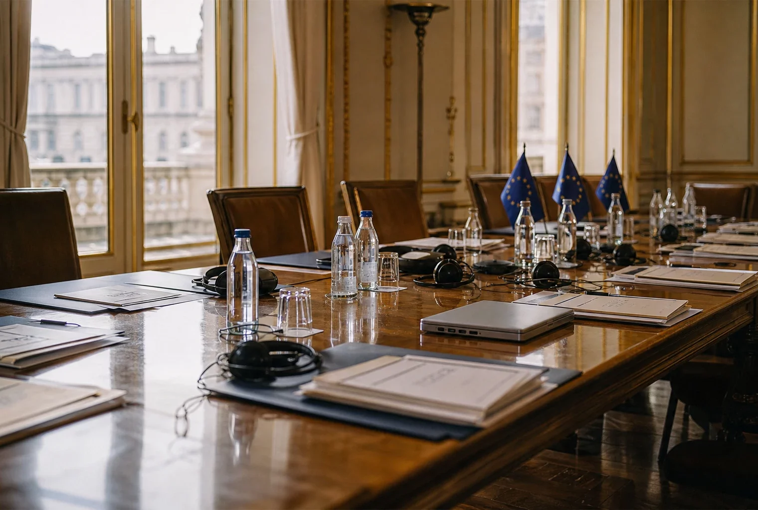 Table de négociation européenne avec dossiers, casques, verres d’eau et petits drapeaux de table discrets.