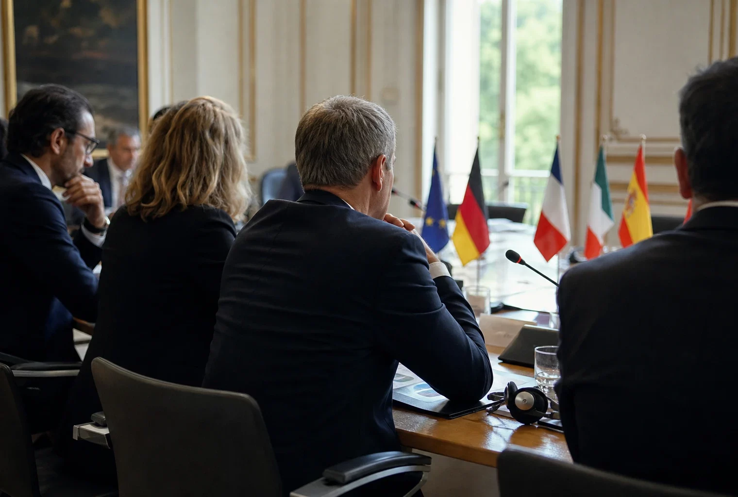 Table de négociation européenne avec dossiers, casques de traduction et petits drapeaux, vue de presse éditoriale.