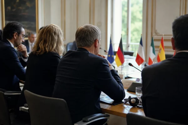 Table de négociation européenne avec dossiers, casques de traduction et petits drapeaux, vue de presse éditoriale.