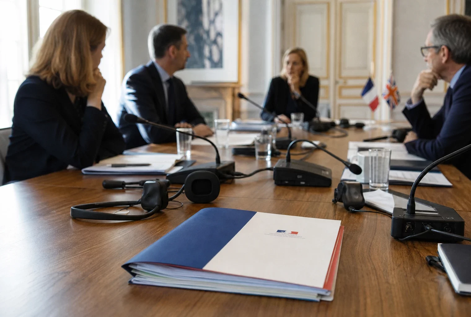 Table de négociation diplomatique avec dossiers, micros et petits drapeaux français et britannique, dans une salle institutionnelle claire.