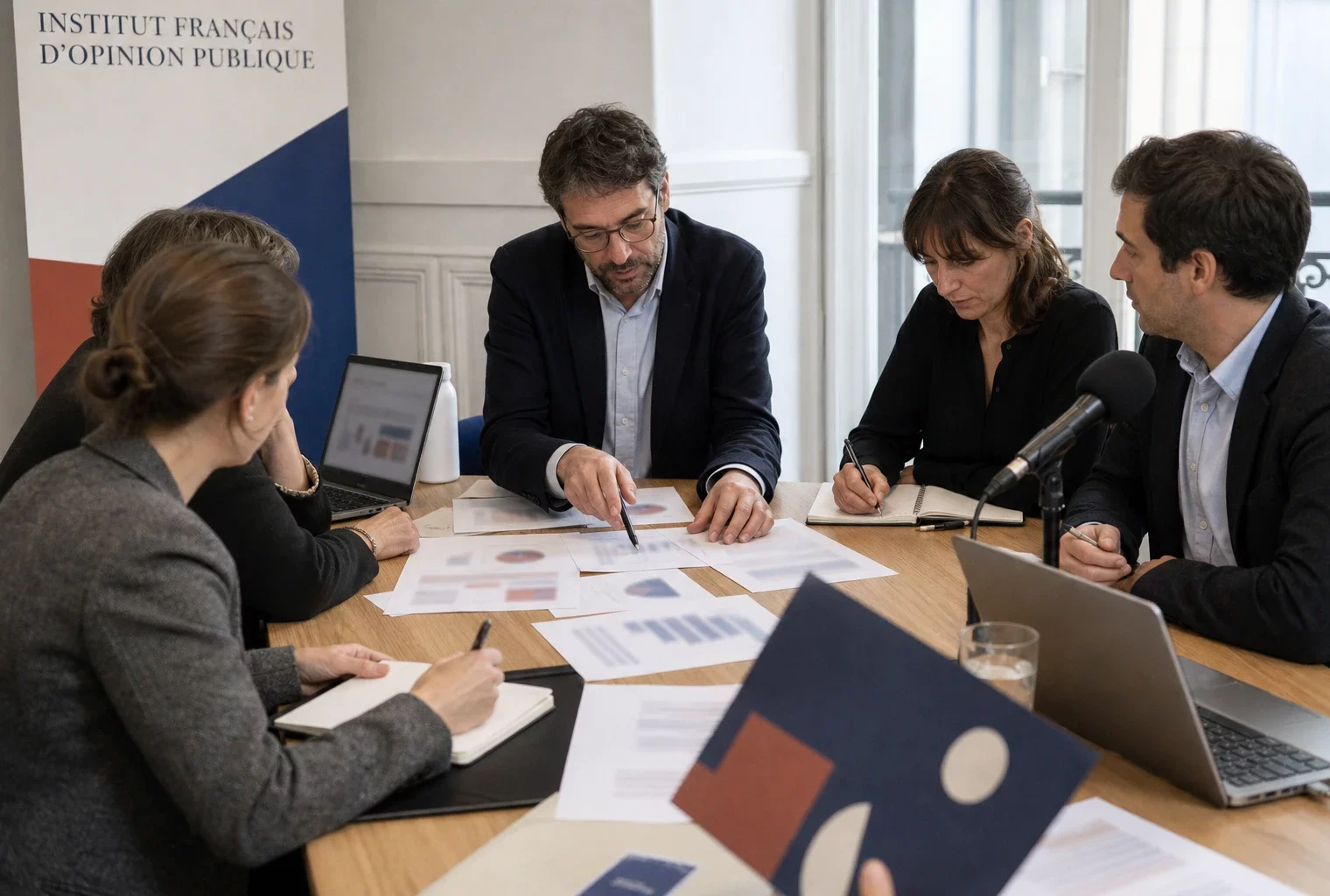 Table ronde dans une salle de presse française avec journalistes anonymes, micros et documents de sondage flous.