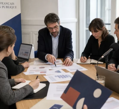 Table ronde dans une salle de presse française avec journalistes anonymes, micros et documents de sondage flous.