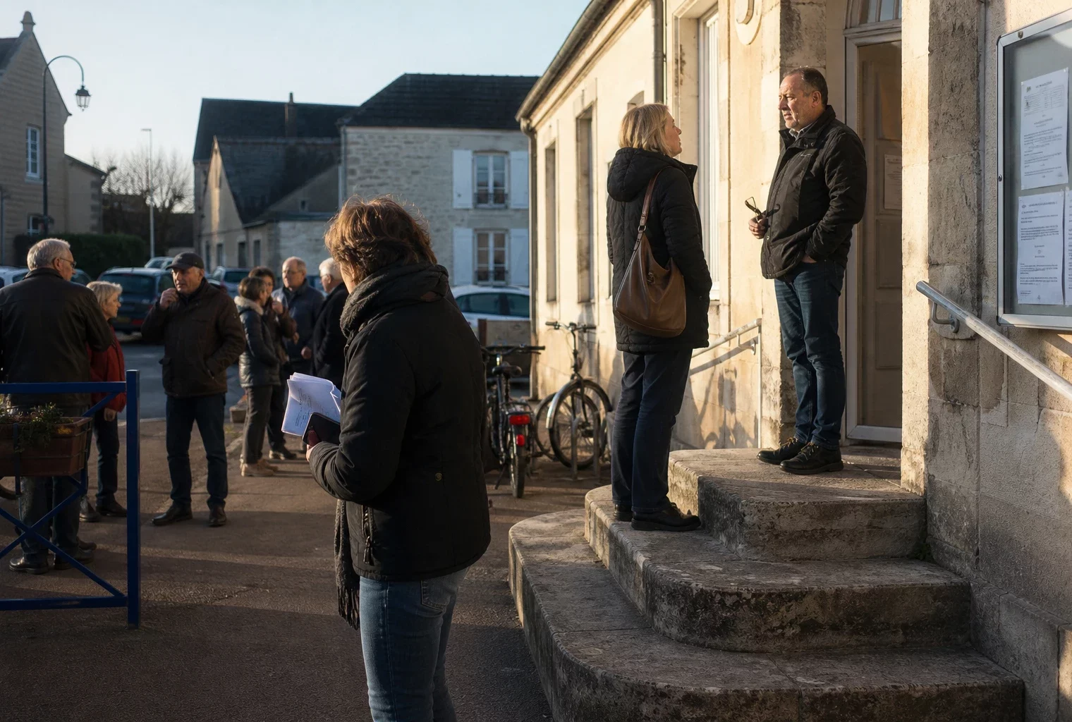 Des habitants et un élu local discutent devant une mairie française, dans une ambiance civique calme et lumineuse.