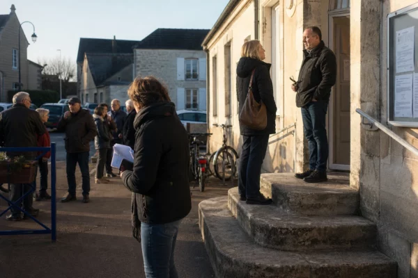 Des habitants et un élu local discutent devant une mairie française, dans une ambiance civique calme et lumineuse.