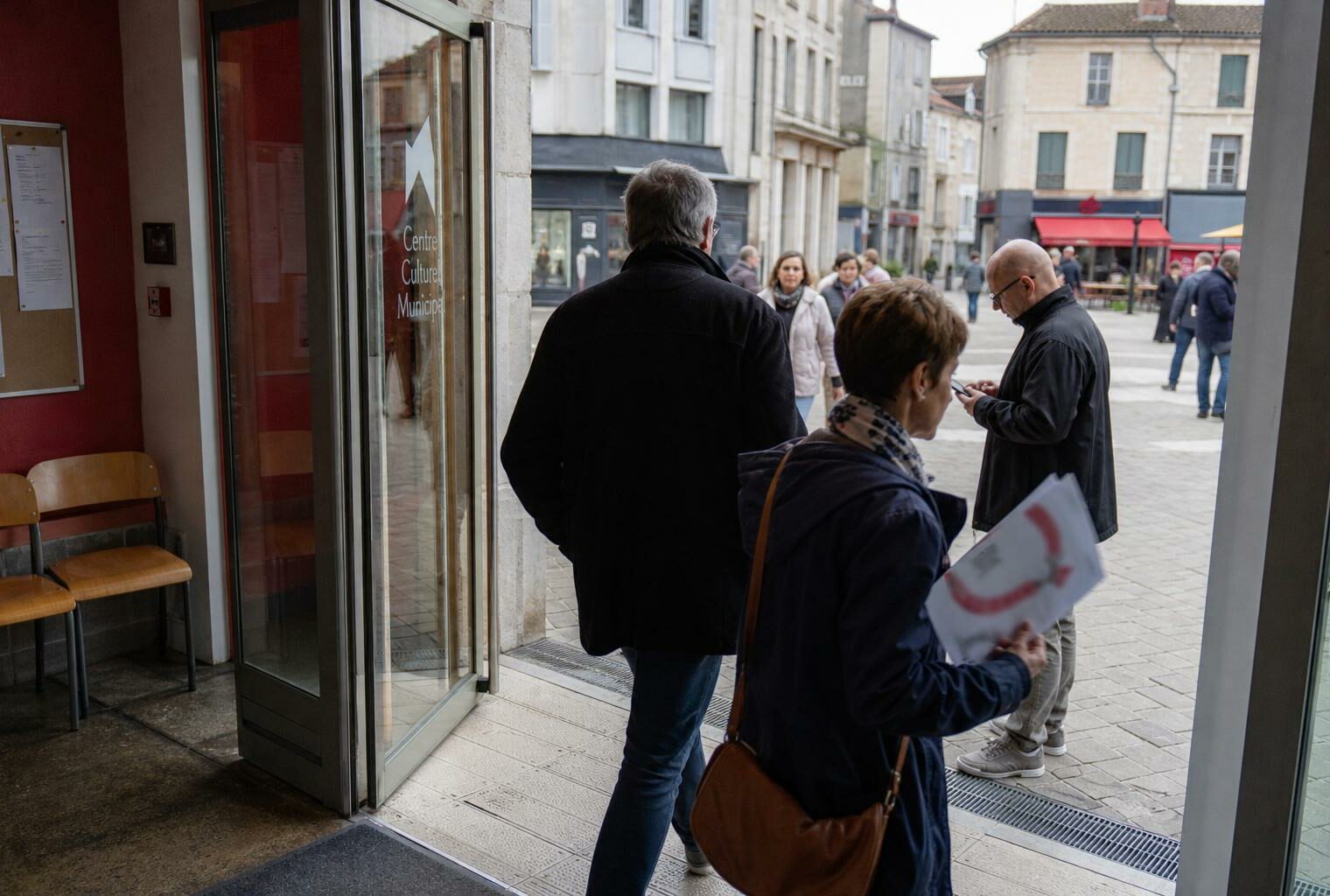 Des personnes anonymes entrent dans un centre culturel municipal en ville moyenne française, avec affiches floues et lumière naturelle.