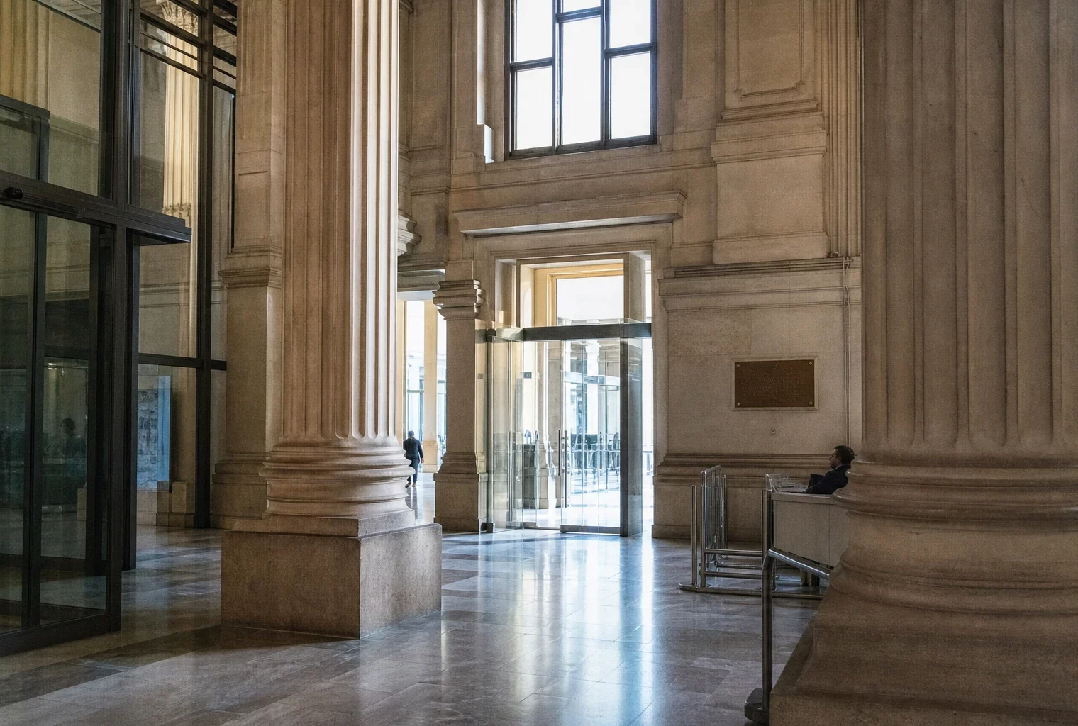 Hall d’un tribunal administratif parisien, vide et lumineux, illustrant le recours contre l’interdiction du concert.