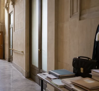 Couloir lumineux d’un tribunal français, avec porte de salle d’audience entrouverte et marbre clair.
