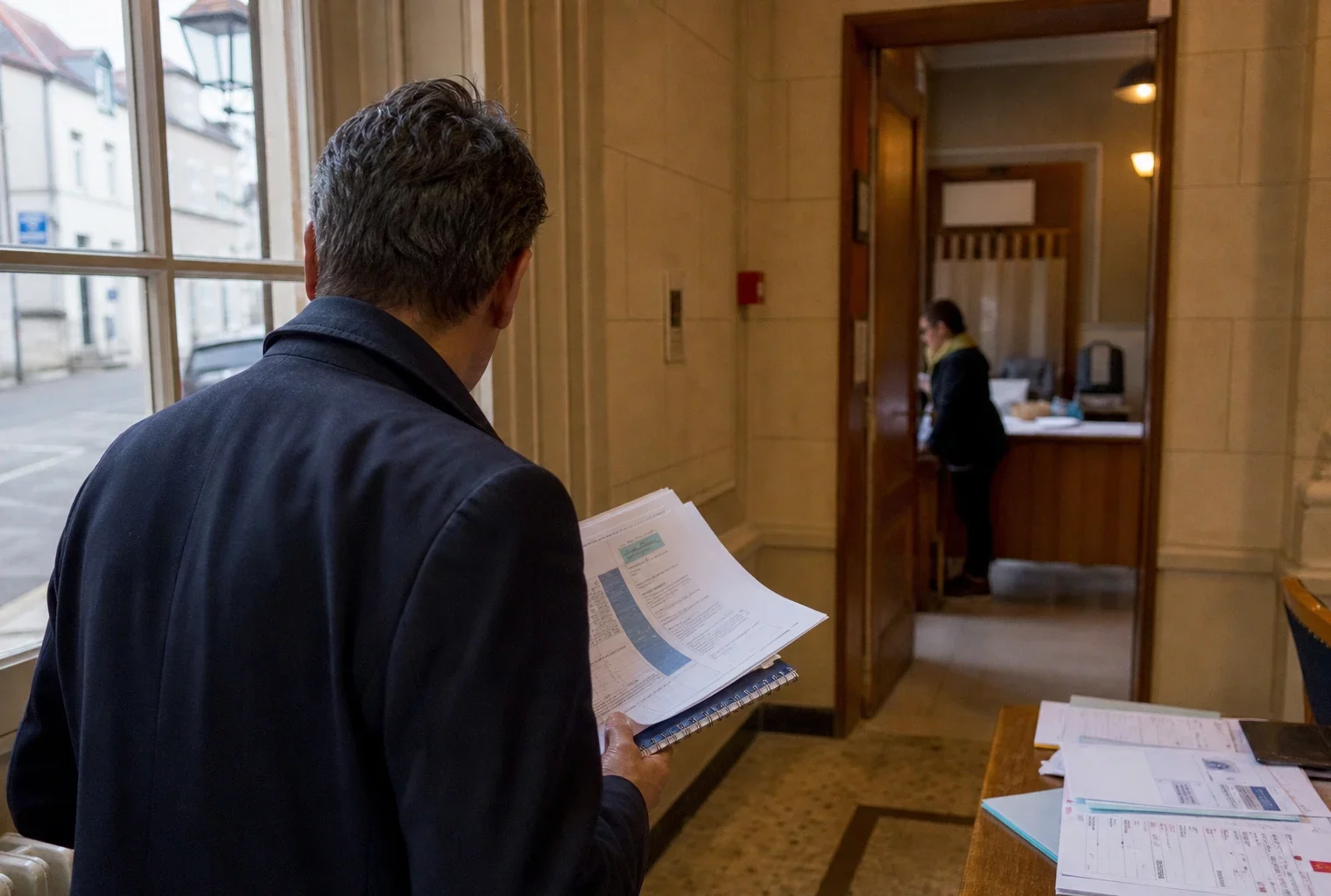 Un élu local anonyme consulte un dossier dans une mairie française, en lumière naturelle et en décor sobre.
