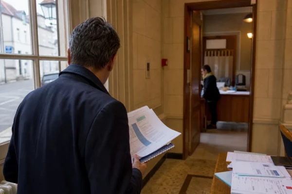 Un élu local anonyme consulte un dossier dans une mairie française, en lumière naturelle et en décor sobre.