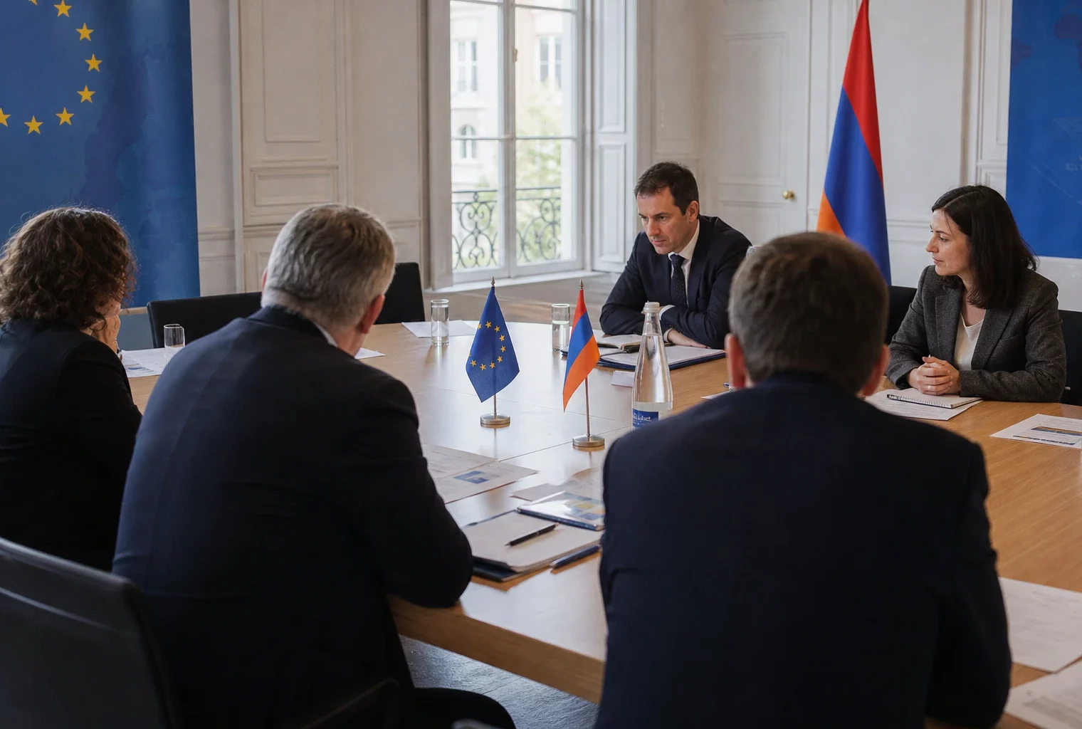 Réunion diplomatique sobre entre représentants européens et arméniens autour d’une table avec dossiers et petits drapeaux.