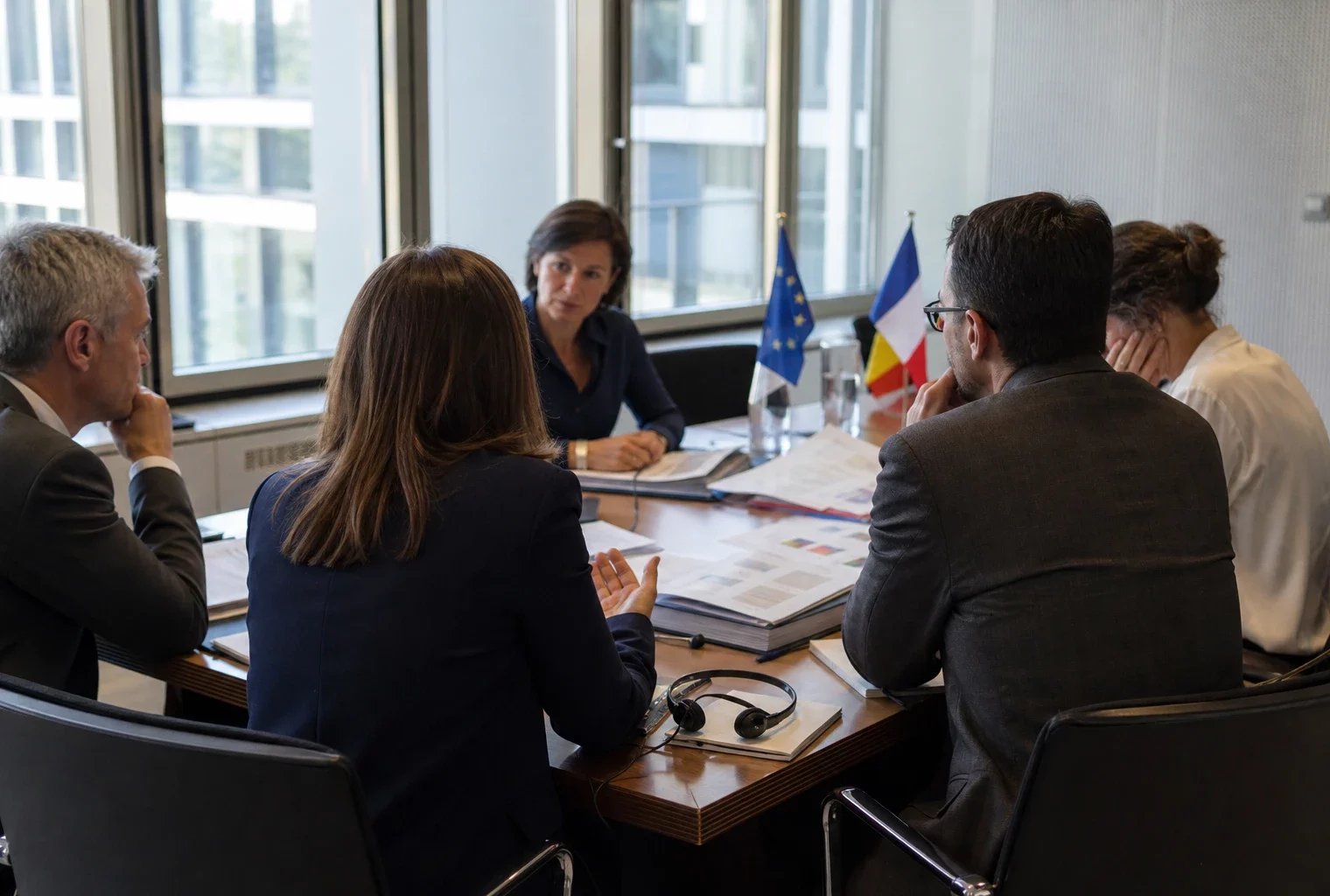 Réunion européenne sobre avec dossiers, silhouettes de dos et petits drapeaux de table dans une salle claire.