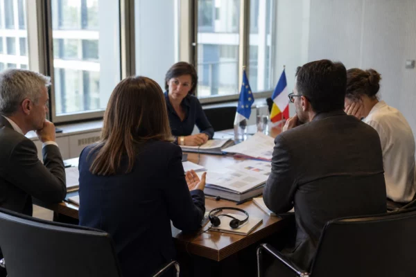 Réunion européenne sobre avec dossiers, silhouettes de dos et petits drapeaux de table dans une salle claire.