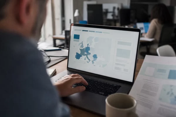 Vue sur un ordinateur avec interface européenne abstraite, main floue au premier plan dans un bureau de presse lumineux.
