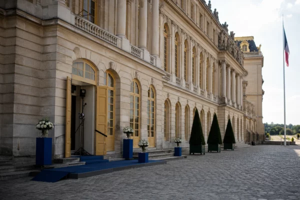 Façade du château de Versailles en lumière claire, avec un discret drapeau tricolore au loin et une ambiance diplomatique.