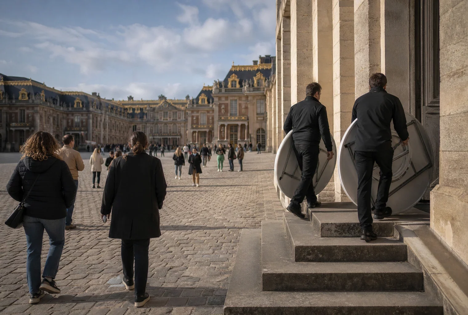 Vue reportage du château de Versailles avec des visiteurs et du personnel de service dans la cour, en lumière naturelle.