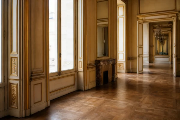 Salle historique de Versailles vide, avec boiseries dorées et lumière naturelle, évoquant la diplomatie française