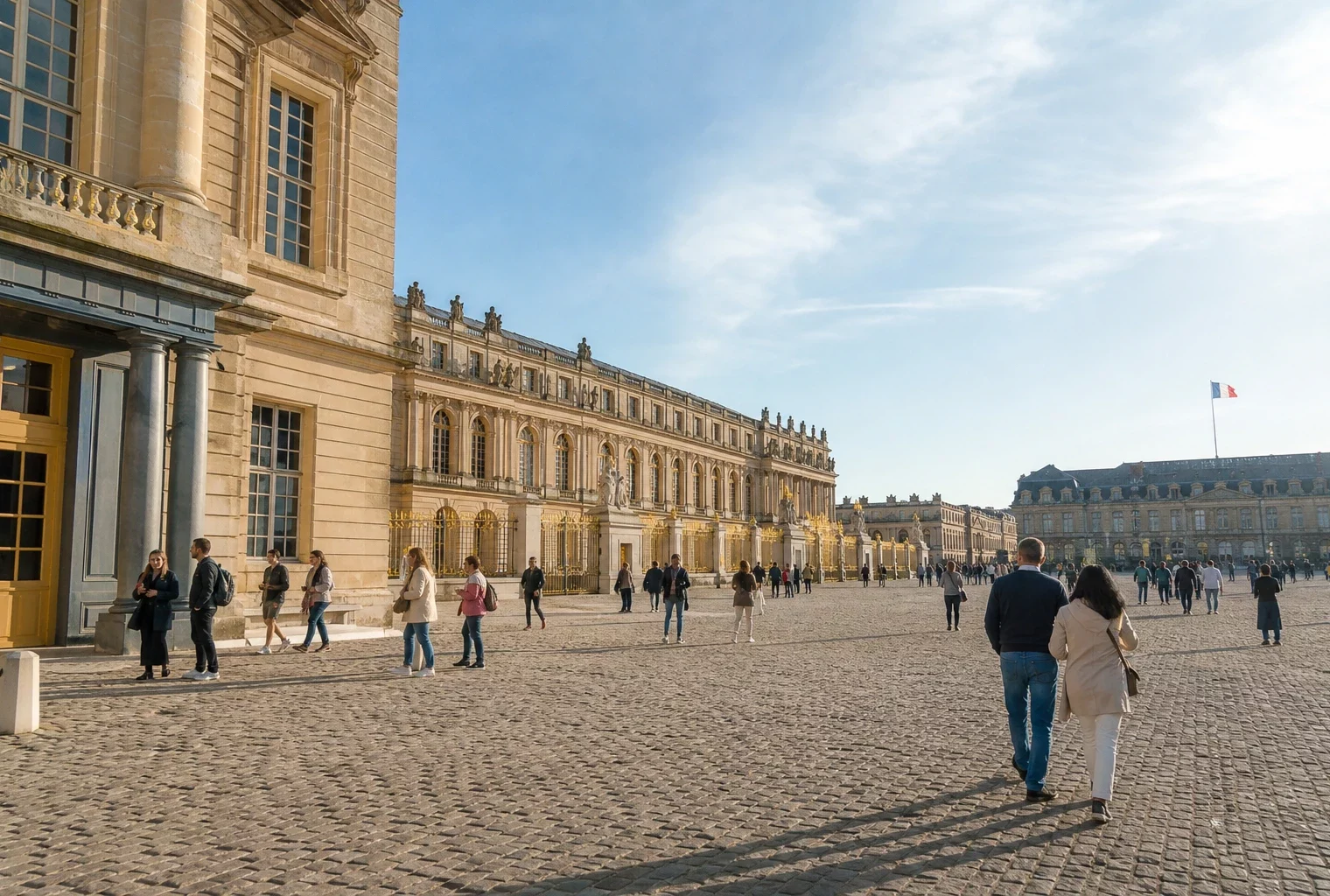 Vue documentaire du château de Versailles avec des visiteurs dans la cour, en lumière naturelle claire.