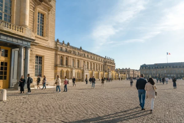 Vue documentaire du château de Versailles avec des visiteurs dans la cour, en lumière naturelle claire.