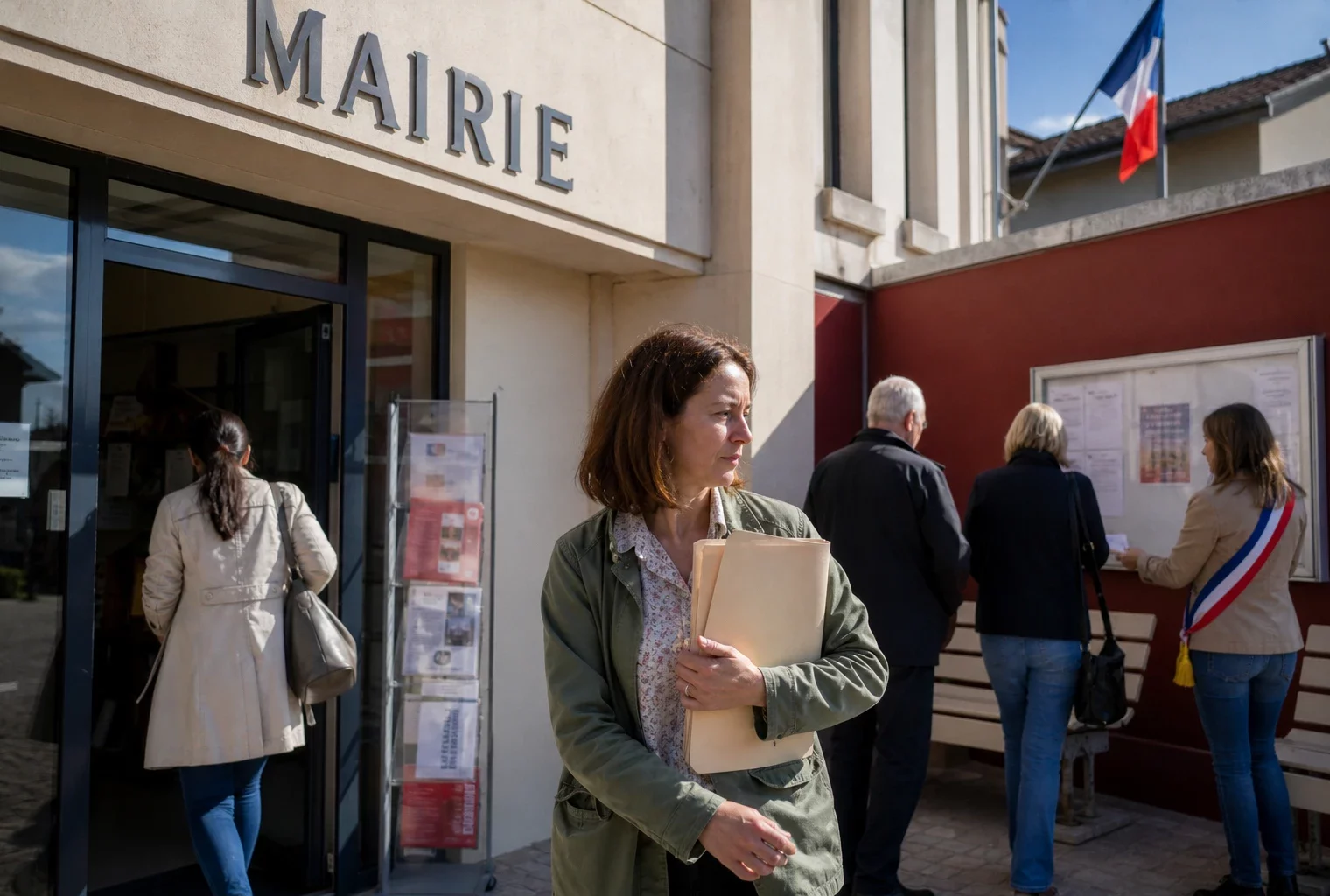 Des citoyens anonymes devant une mairie française, dans une scène locale claire et naturelle.