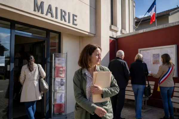 Des citoyens anonymes devant une mairie française, dans une scène locale claire et naturelle.