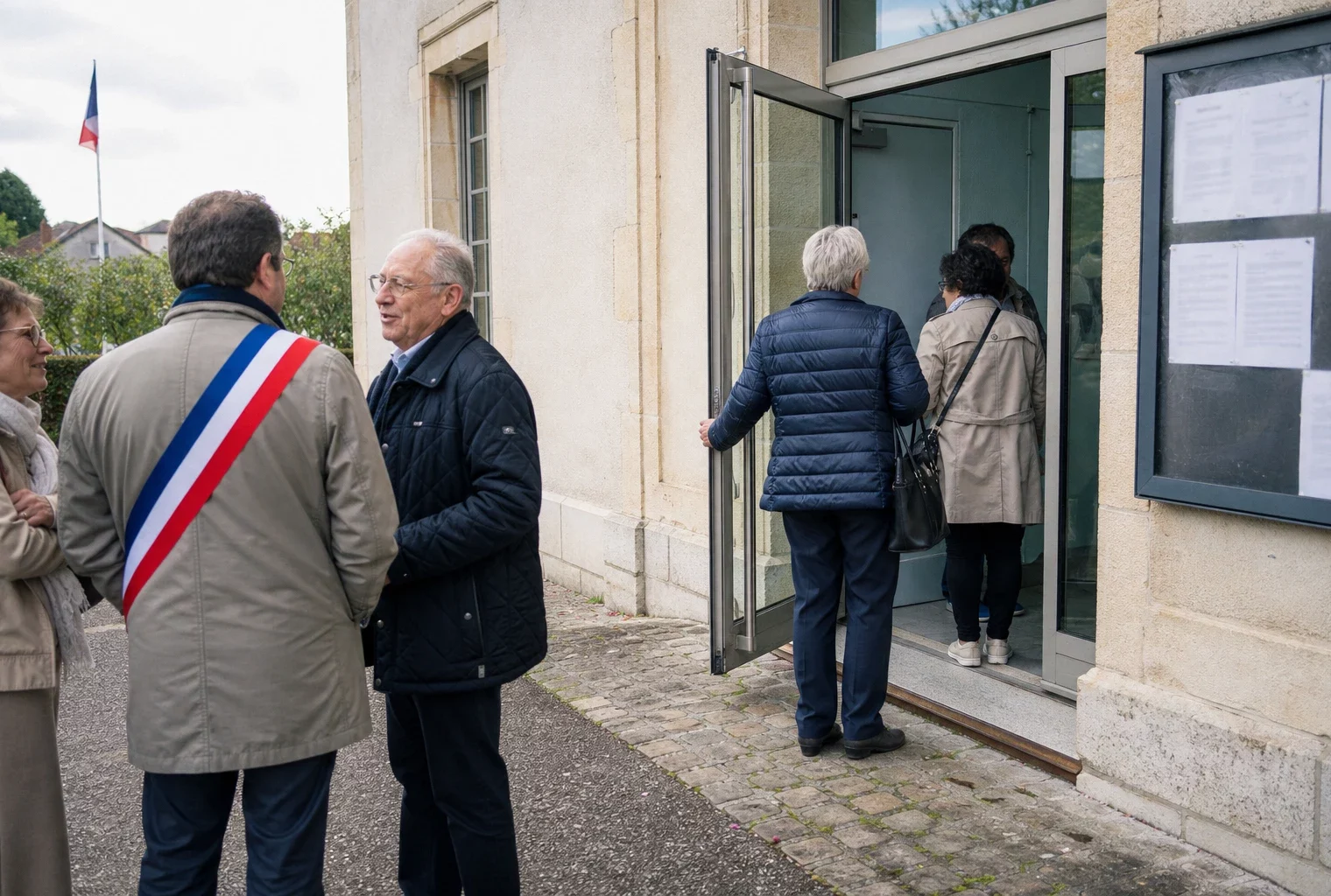 Des habitants et un élu anonyme devant une mairie de village, dans une scène citoyenne française en lumière naturelle.