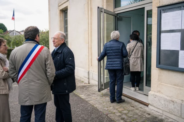 Des habitants et un élu anonyme devant une mairie de village, dans une scène citoyenne française en lumière naturelle.