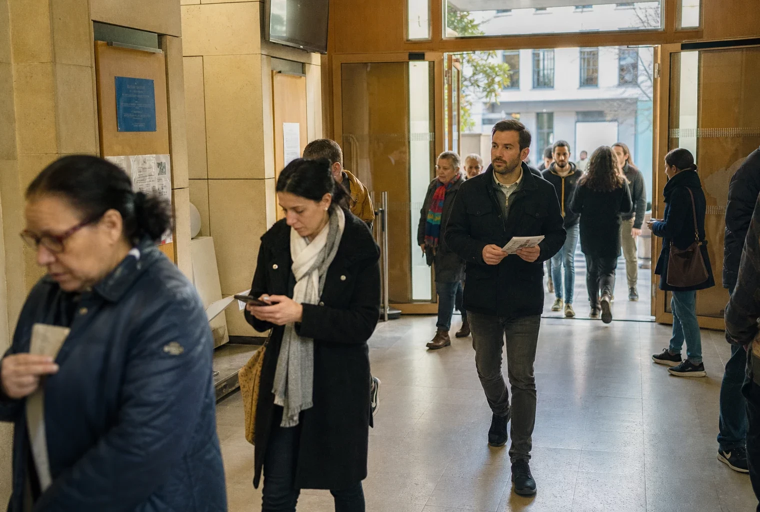 Des passants anonymes entrent dans un lieu municipal lumineux à Saint-Denis, dans une ambiance de campagne calme.