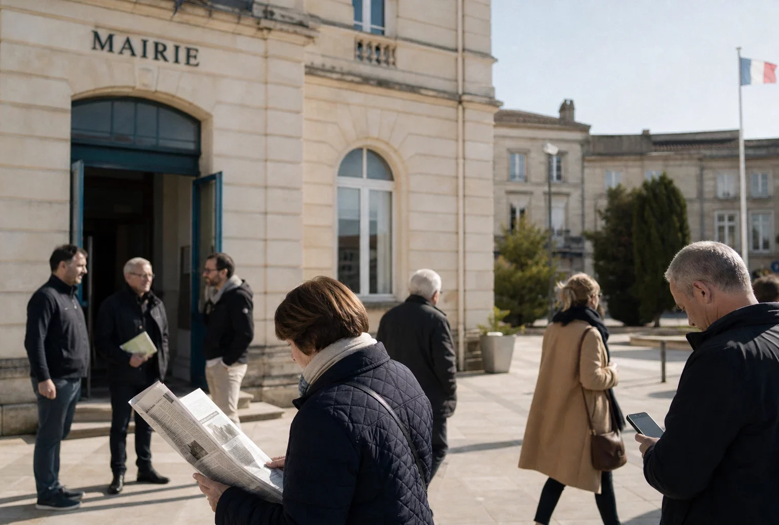 Des habitants anonymes devant une mairie française, dans une scène de vie civique calme et ensoleillée.