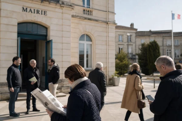 Des habitants anonymes devant une mairie française, dans une scène de vie civique calme et ensoleillée.