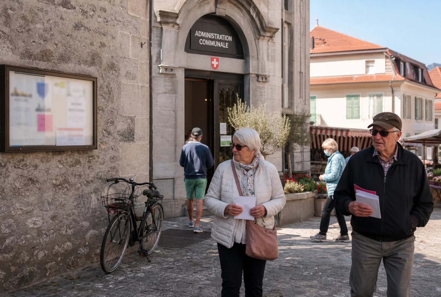 Place de commune suisse animée avec habitants anonymes près d’un bâtiment public, dans une ambiance de vote locale.