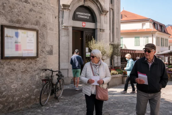 Place de commune suisse animée avec habitants anonymes près d’un bâtiment public, dans une ambiance de vote locale.
