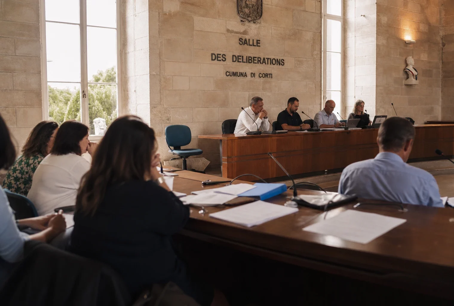 Salle municipale corse avec micros, dossiers et chaise vide lors d’un débat institutionnel