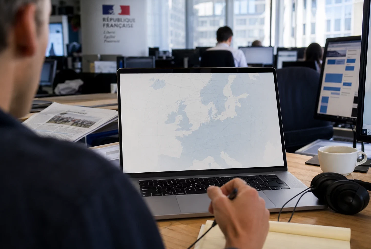 Vue d’épaule dans une rédaction, avec un écran d’ordinateur affichant une interface européenne abstraite.
