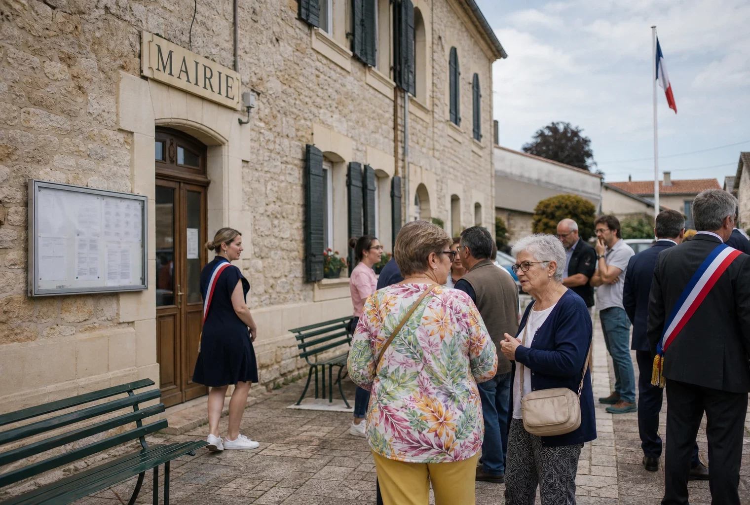Des habitants et des élus anonymes sur le parvis d’une mairie pour une cérémonie du 14-Juillet, en lumière naturelle.