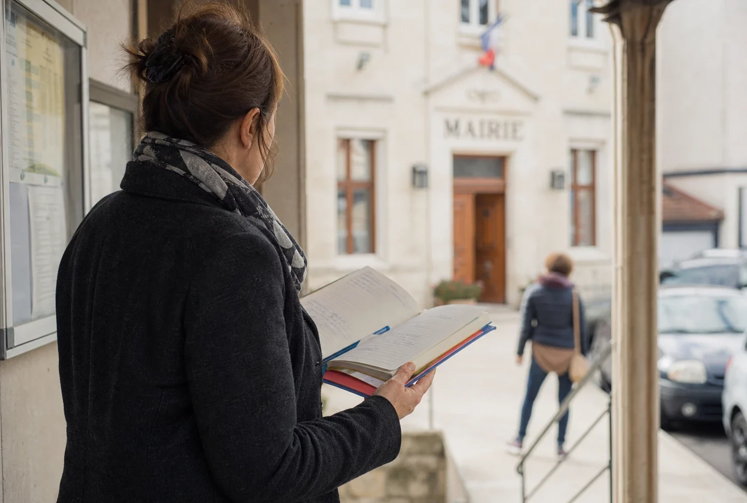 Un élu local anonyme prend des notes devant une mairie française, dans une scène de reportage lumineuse et sobre.