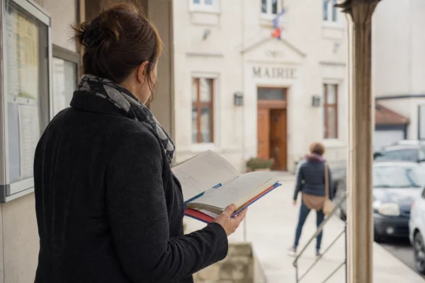 Un élu local anonyme prend des notes devant une mairie française, dans une scène de reportage lumineuse et sobre.
