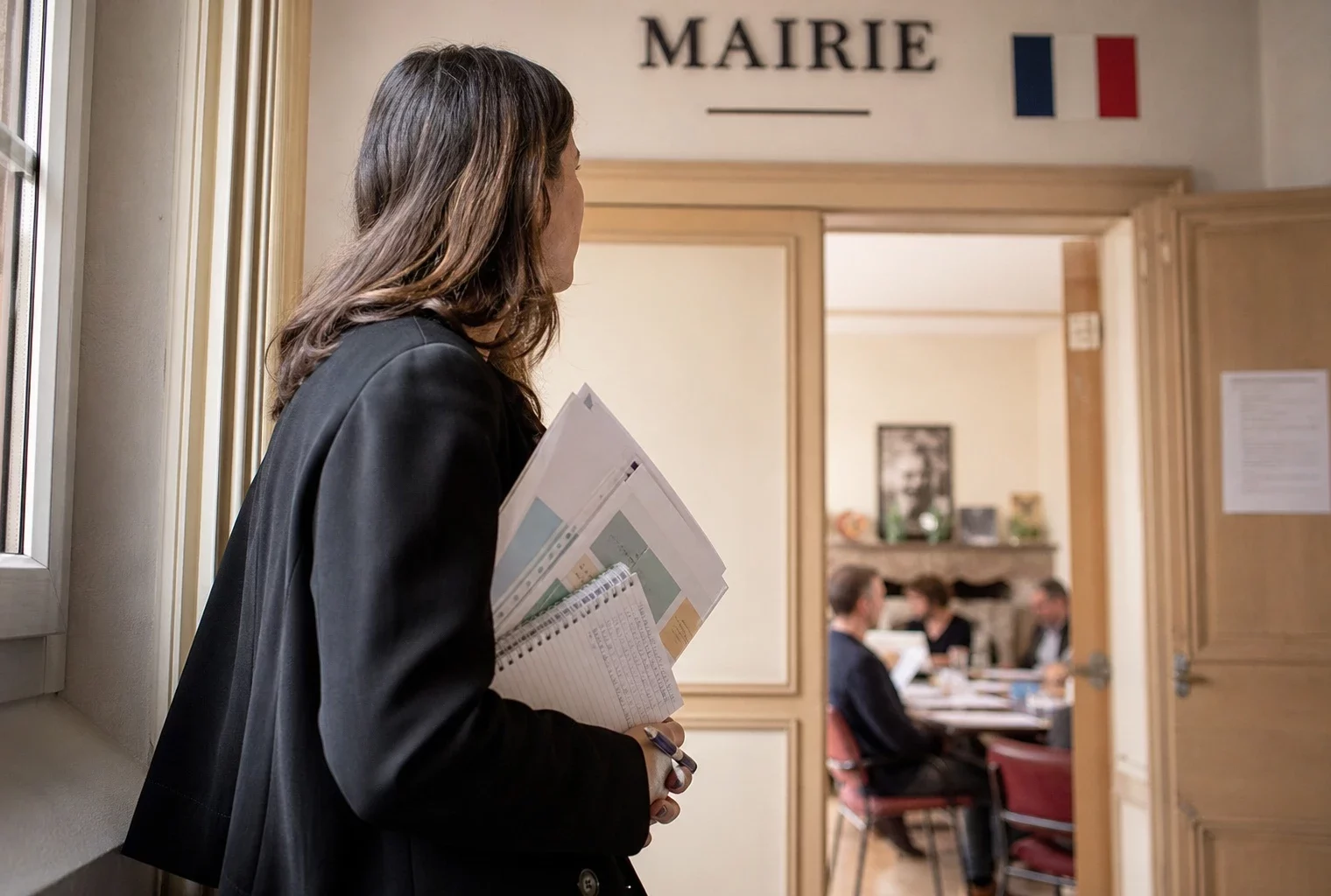 Collaborateur municipal anonyme tenant un dossier dans une mairie française, en portrait éditorial lumineux.